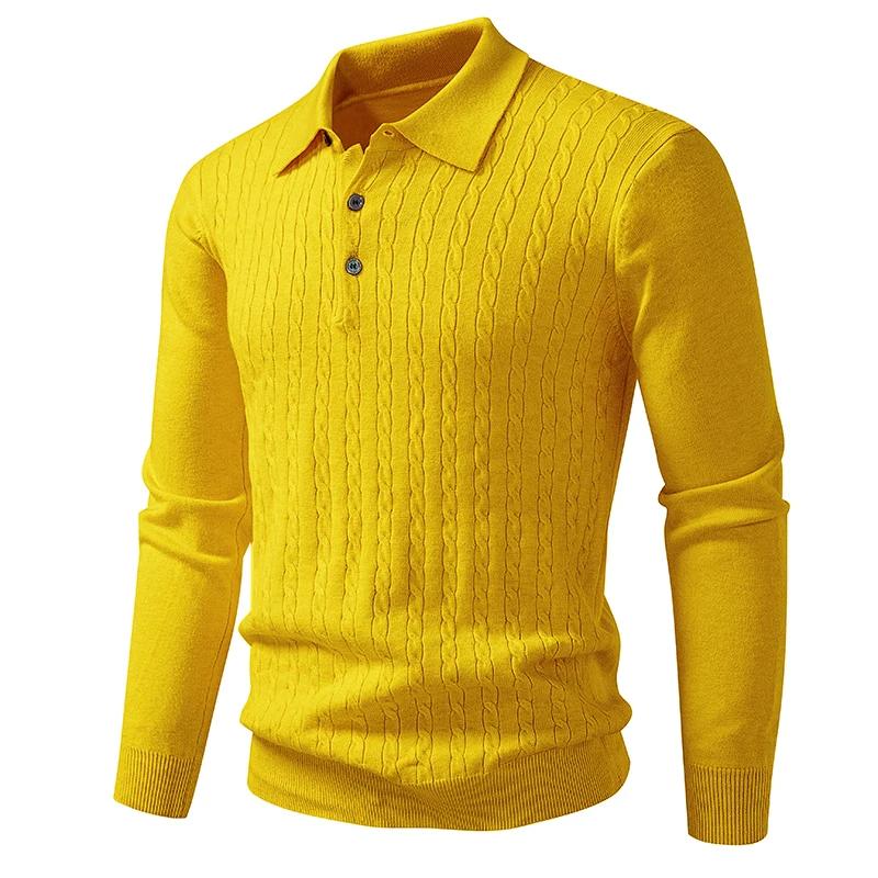 Spring Autumn Men's Knitted Pullovers Solid Color Full Sleeve Turn Down Collar Smart Casual Knitting Sweater Men Slim Fit Tops