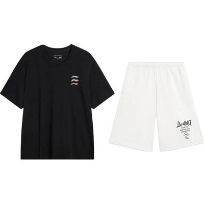 T-shirt à manches courtes confortable et cool à imprimé logo Li Ning, polyvalent, à col rond, pull-over, ensemble de sport décontracté, hauts unisexes noir blanc YHSV371-1+AKST593-7