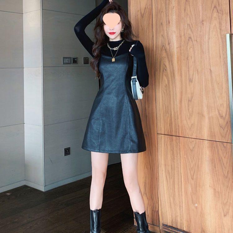 Φθινόπωρο 2025 Δερμάτινο Σετ Τοπ και Φούστα: Φόρεμα Σύσφιξης Υψηλόμεσο με Μπλούζα Βάσης Μακρυμάνικη