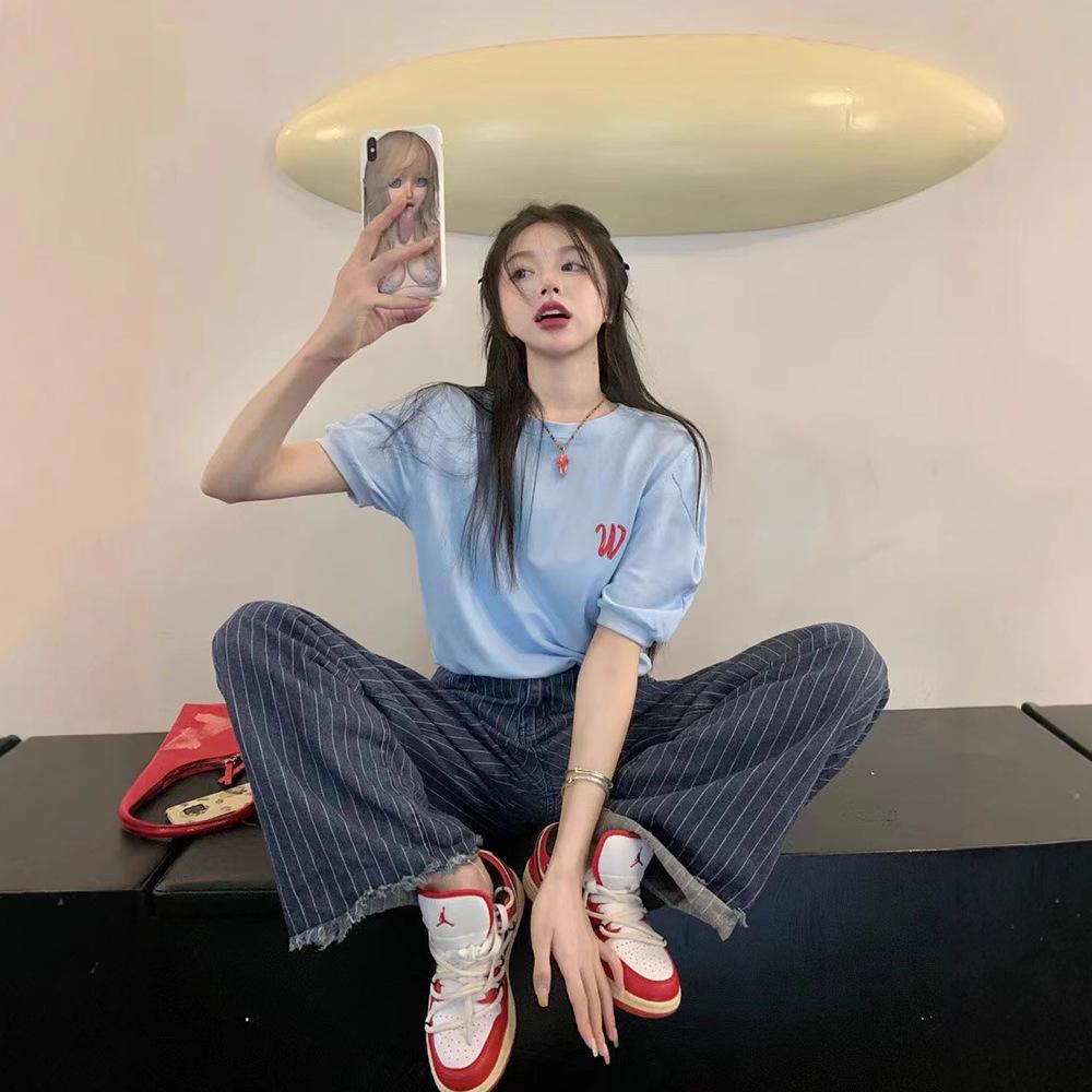 

Women s Summer 2025 Blue Crew Neck Letter Print Short Sleeve Loose T-Shirt, Petite Style. M [up to 100 lbs]