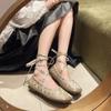 Ballet Flats Square Toe Rhinestone Crystal Decor Strap Summer Elegant Dress Black White Lace-up 2024 Women Shoes