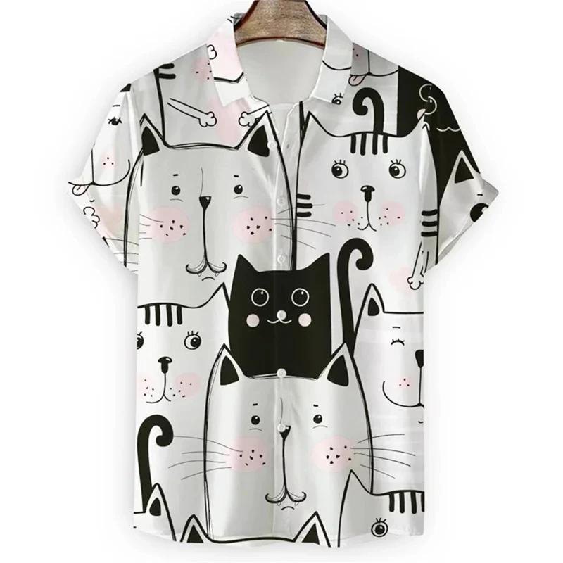 Neues Kawaii 3D Cartoon Anime Katzen Print Hemd für Herren Coole Designs Kurzarm Knopf Hawaiianische Hemden Urlaubs Strand Tops Bluse