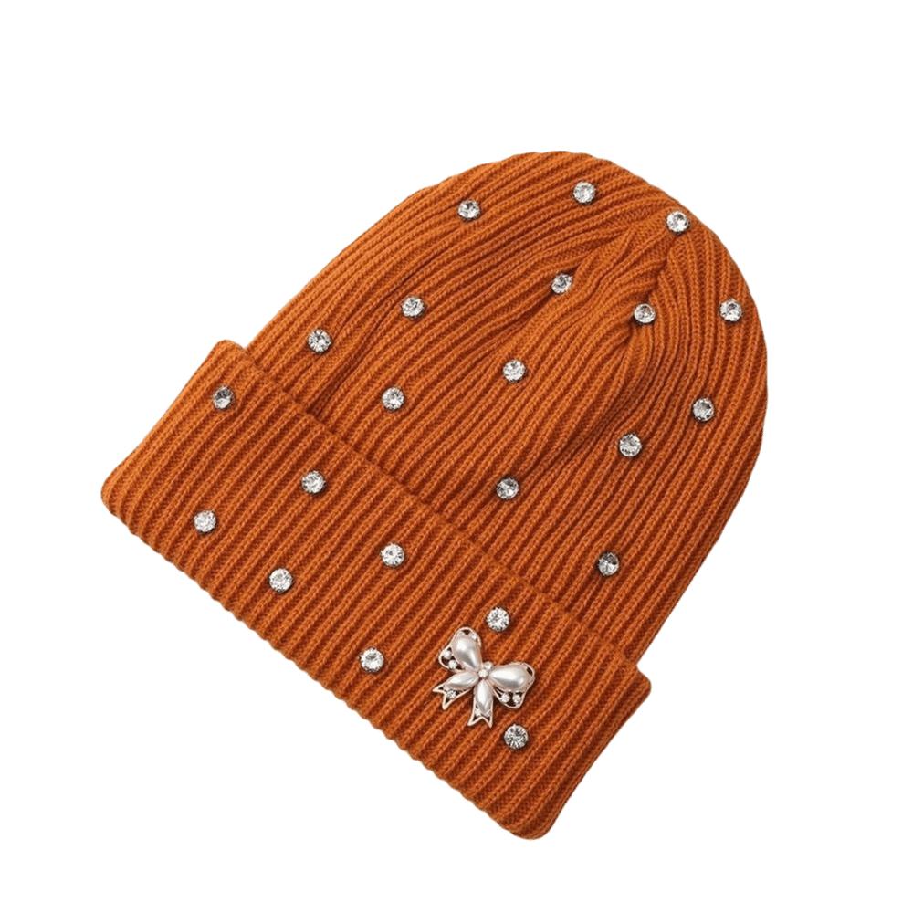 Solid Color Crystal Pearl Bow Beanie Warm Pullover Hat Fashion Knit Hat Outdoor