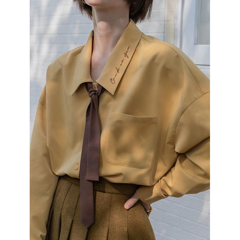 

Женская рубашка с длинным рукавом и вышивкой в ​​студенческом стиле, весенне-осенняя свободная дизайнерская нишевая блузка, топы XL жёлтый