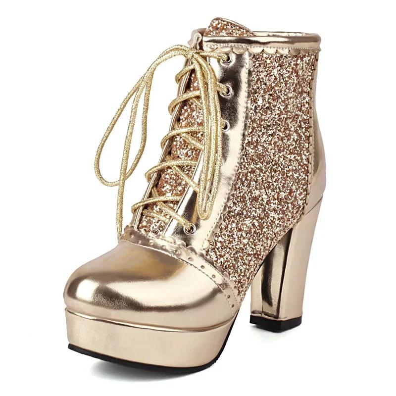 

Блестящие серебристые золотистые женские ботильоны на высоком толстом каблуке, красные из ткани с пайетками, для вечеринки, женские зимние плюшевые ботинки на шнуровке на платформе 40 золотой