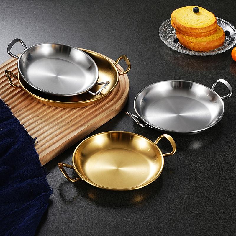 Korean Style 304 Stainless Steel Snack Plate Gold Plated Double Handle Fries Chicken Plate Thickened Cold Dish Pickle Tray