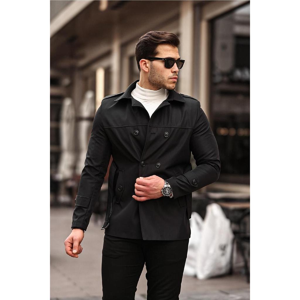 Men's Black Seasonal Lined Belted Double Breasted Trench Coat
