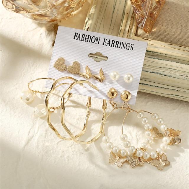 17KM Trendy Exquisite Pearl Metal Earrings Set for Women Geometric Circle Dangle Drop Earrings Acrylic Set of Earrings Jewelry