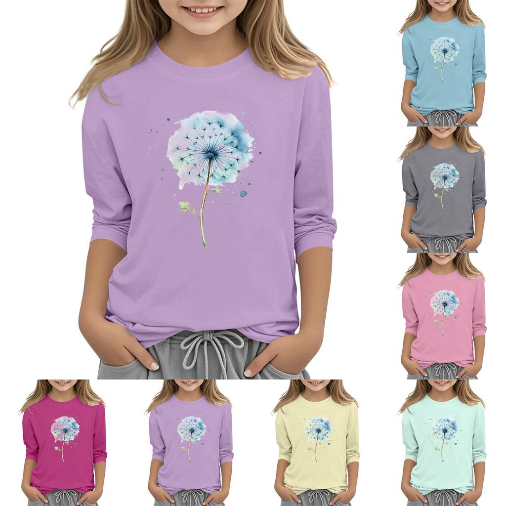 Children's 3/4 Sleeve Round Neck Flowers Print Casual Top