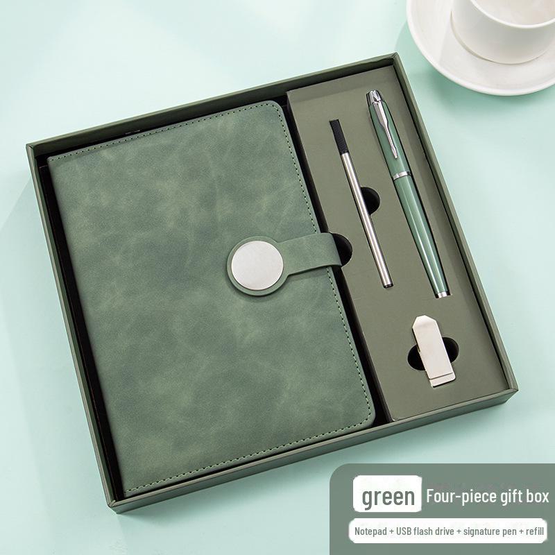 Set de regalo de cuaderno retro de alta gama: Incluye bloc de notas con hebilla redonda, manual, unidad USB y cierre magnético para reuniones de negocios.