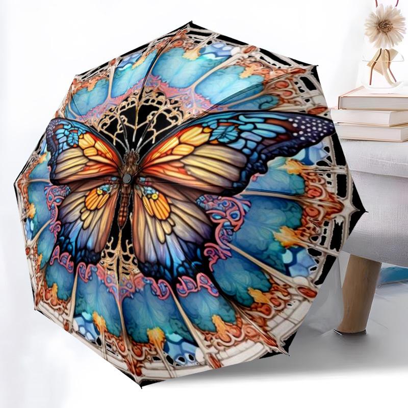 1PC Butterfly Mandala Automatic Open/close Umbrella with 8-Rib Structure for Women/Men, All-Season Use - Travel Essential, Stylish Accessory, Highqual