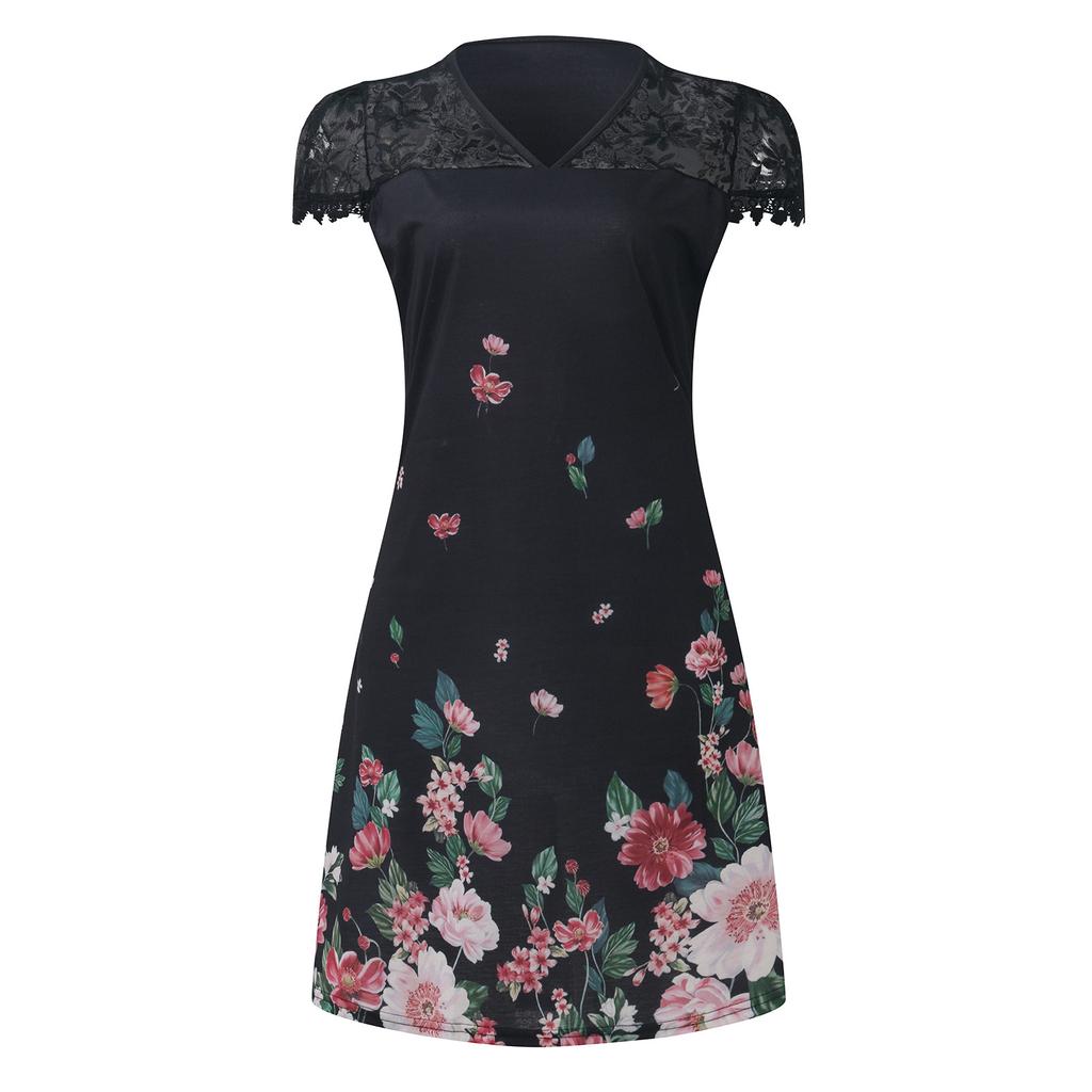 Fashion Women V-neck Printed Lace Splicing Dress Casual Slim Pullover Dress