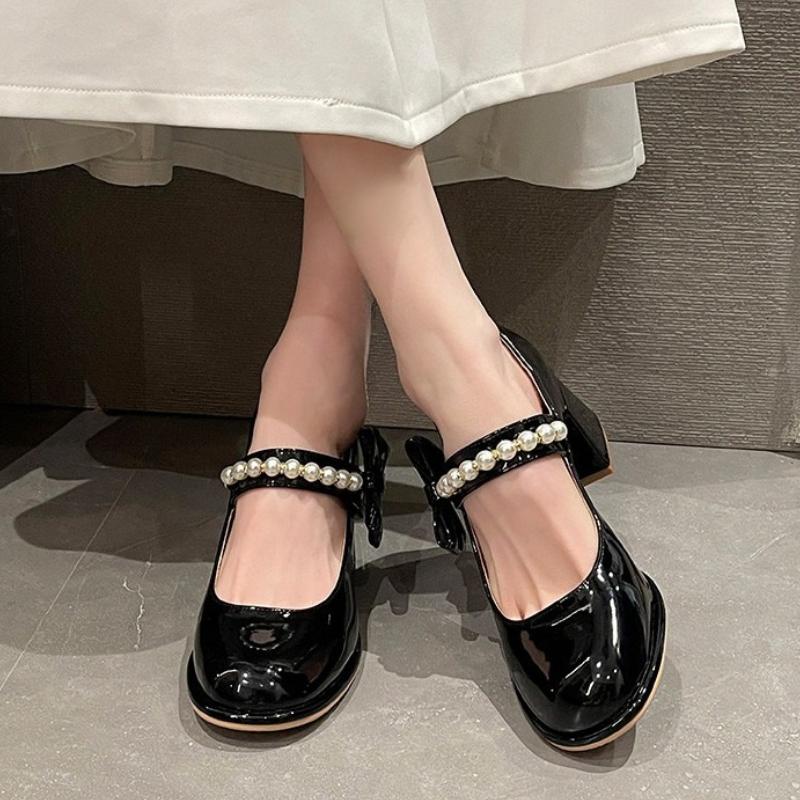 Mode 2025 Nieuwe Luxe Platform Kralen Strik Bruiloft Dating Schoenen Lente Dames Mary Janes Pumps Ronde Neus Blokhakken
