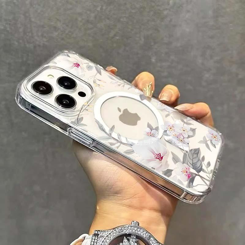 Magnetic Cover For iPhone 17 16 15 14 13 12 11 Pro X XS Max XR 7 8 Plus 16E Wireless Charge Transparent Phone Case Floral Design