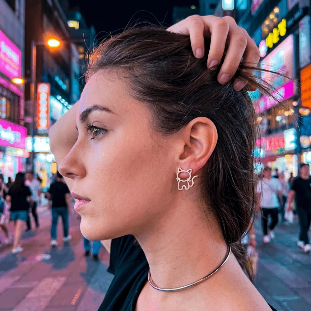 Stainless Steel Cat Earrings Cute Design Trend Cartoon Hollow Out Ear Studs Fashion Punk Style Small Jewelry Students Gifts