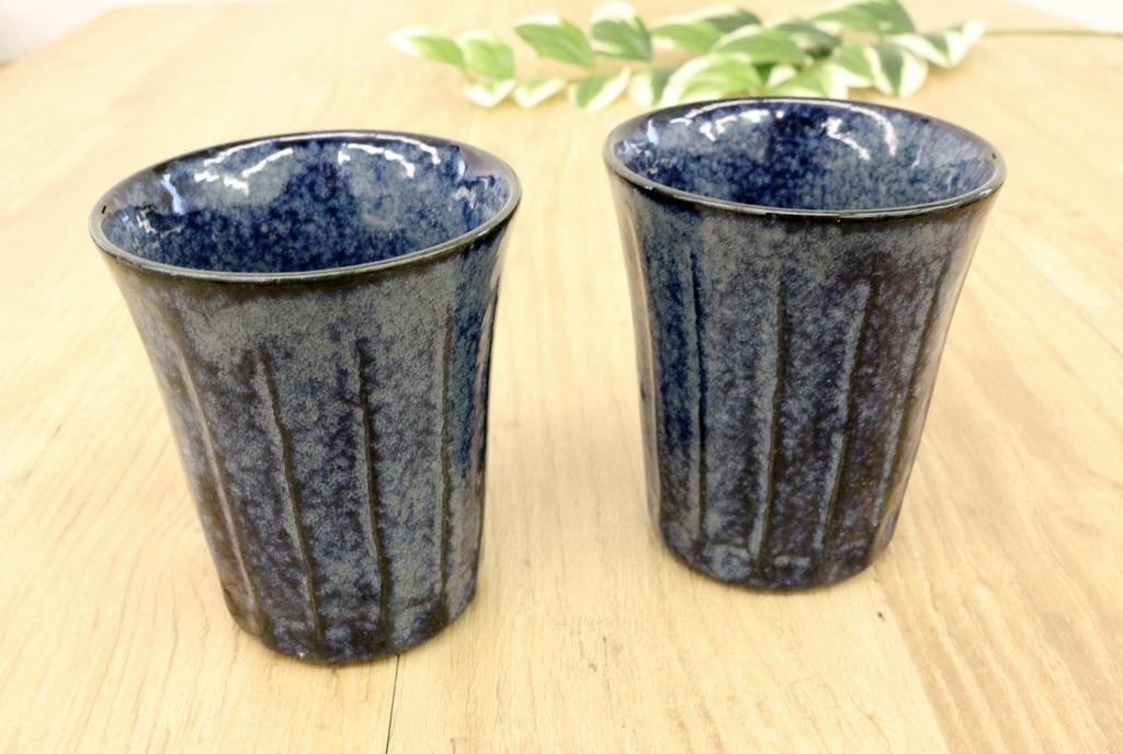 Castle Enterprise Mino Ware Japanese Cafe Series Shaved Long Teacups, Indigo Snow Design, Set of 10