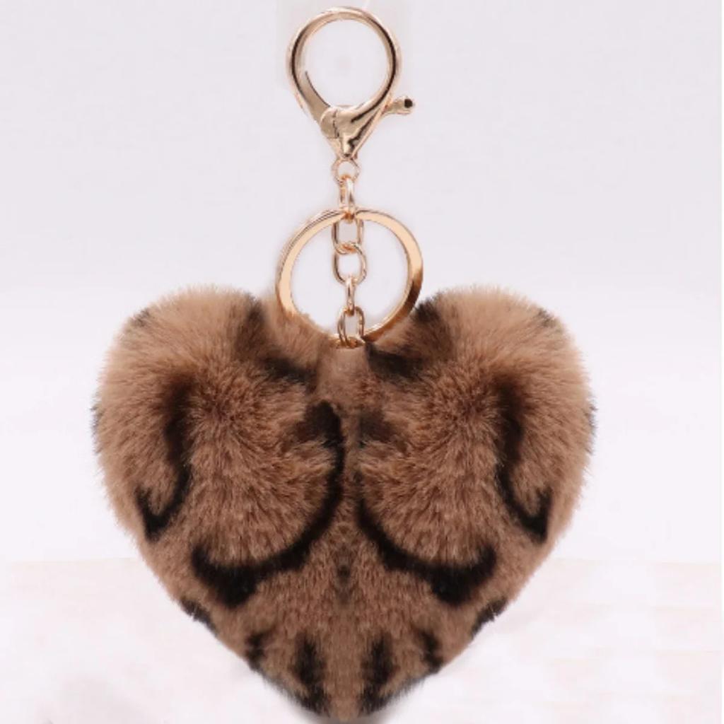 Set Portachiavi Pompom Peluche a Forma di Cuore | Palla di Pelo a Forma di Cuore con Stampa Leopardo | Pelliccia Sintetica Soffice di Alta Qualità per Chiavi Auto Borse Regali