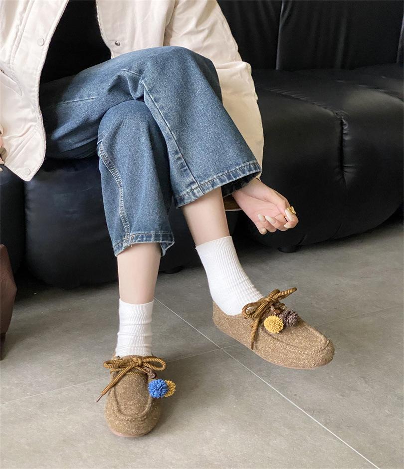 2025 new round toe platform matte flat outer wear commuter soft-soled women's singles shoes wool wool boxen shoes