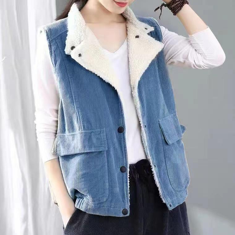 Vintage Corduroy Vest Women's Flocked Lapel Vest Plush Thick Vest Sleeveless Jacket Women's Fleece Vest