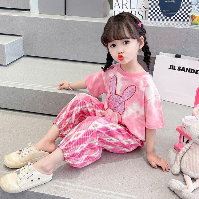 Girls Summer Fashion 2 Piece Set Cute Short Sleeve Top And Long Pants Baby Casual Outfit