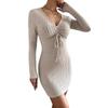 Women's Solid Color Minimalist Drawstring Slim Long Sleeve Knit Dress Autumn Winter, European American Style