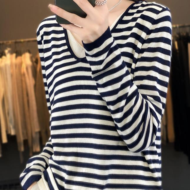 Women's Fashion Casual Stripe Print Autumn Winter Pullovers & Long Sleeves V-Neck Pullovers
