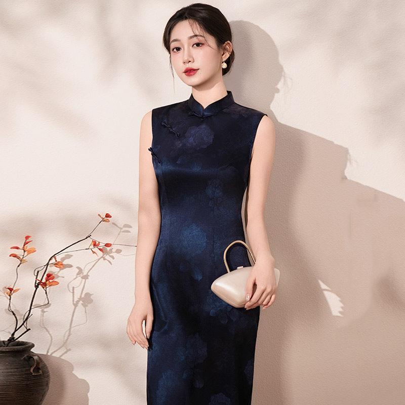 Sleeveless blue national style new Chinese long improved cheongsam new young women's high-end dress summer