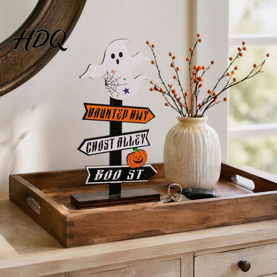 Halloween Atmosphere Props Wooden Sign Decoration DIY Ghost Pumpkin Bat Tabletop Ornament with Party Centerpieces Spooky Slogans Rustic for