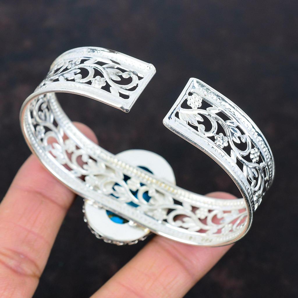 Tibetan Turquoise Bangle Genuine Gemstone Jewelry 925 Sterling Silver Cuff Bracelet Adjustable Bangle Handmade Boho Jewelry Anniversary Gift