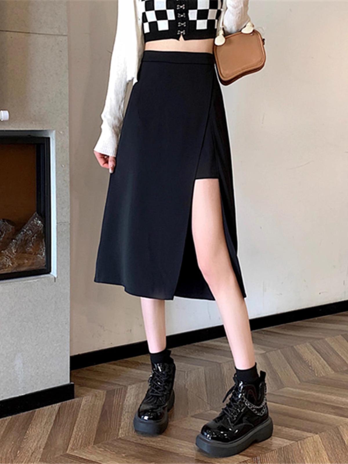 

Женская юбка А-силуэта средней длины с разрезом черного цвета, коллекция весны 2024 года, высокая талия, модная и элегантная 3XL чёрный