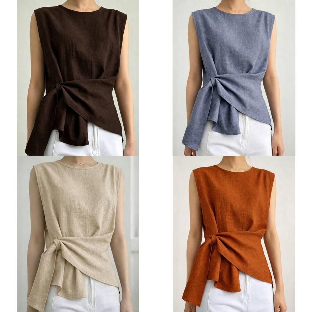 Camicetta senza maniche in poliestere con nodo frontale per moda casual estiva da donna