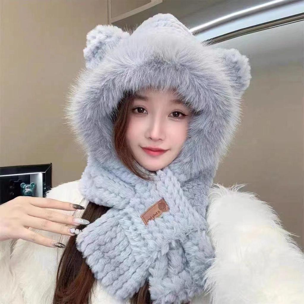 Women's Cute Bear Winter Set: Thick Velvet Hat, Scarf, and Gloves for Warmth.