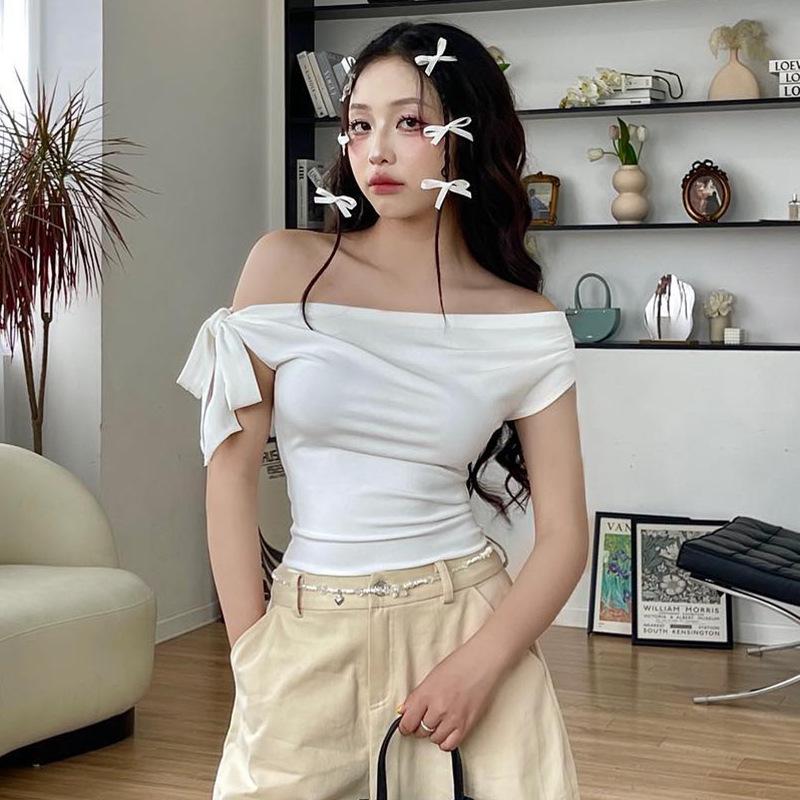 2025 Women'S Summer Ins Style New Shrink Pleated One-Shoulder Crop Top Backless Twist Tie Asymmetric T-Shirt Casual Top