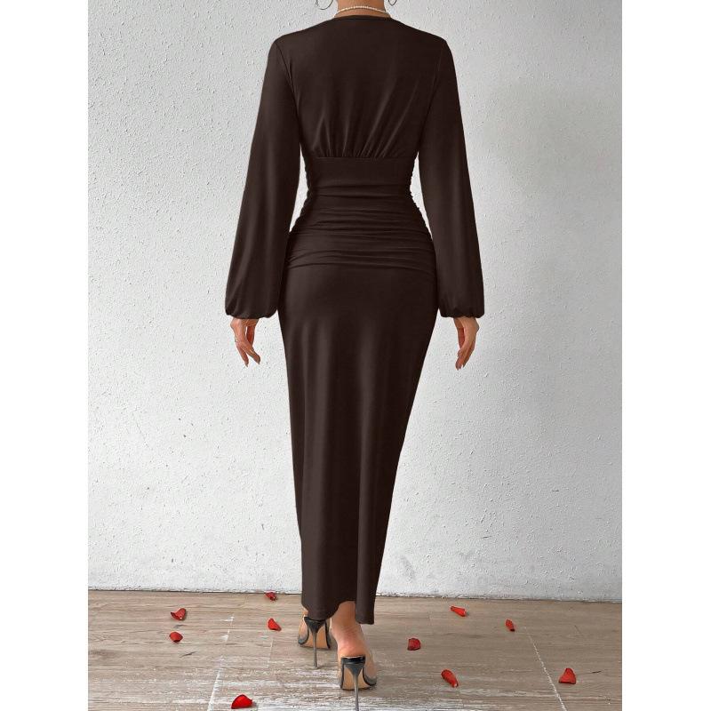 V-Neck High-Waist Slimming Long-Sleeve Evening Dress for Women
