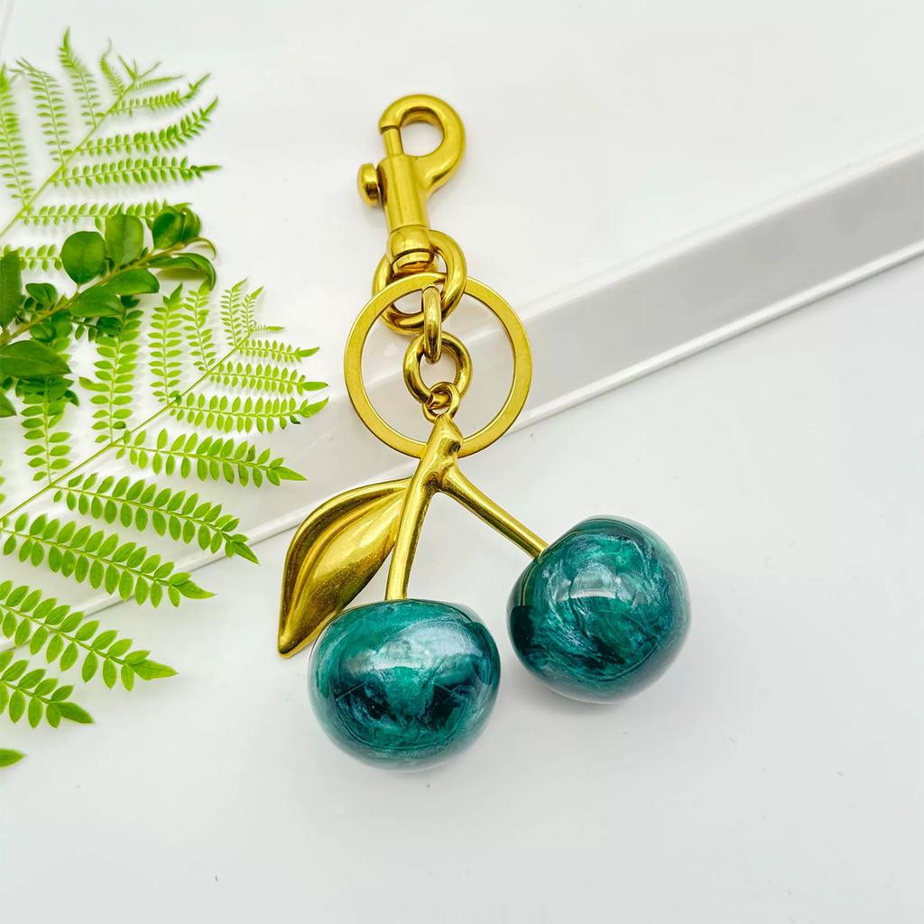 Cute Flowing Green Cherry Keychain Summer Fruits Cherries Pendant Keyring for Women Girls Jewelry Bag Accessories Gift