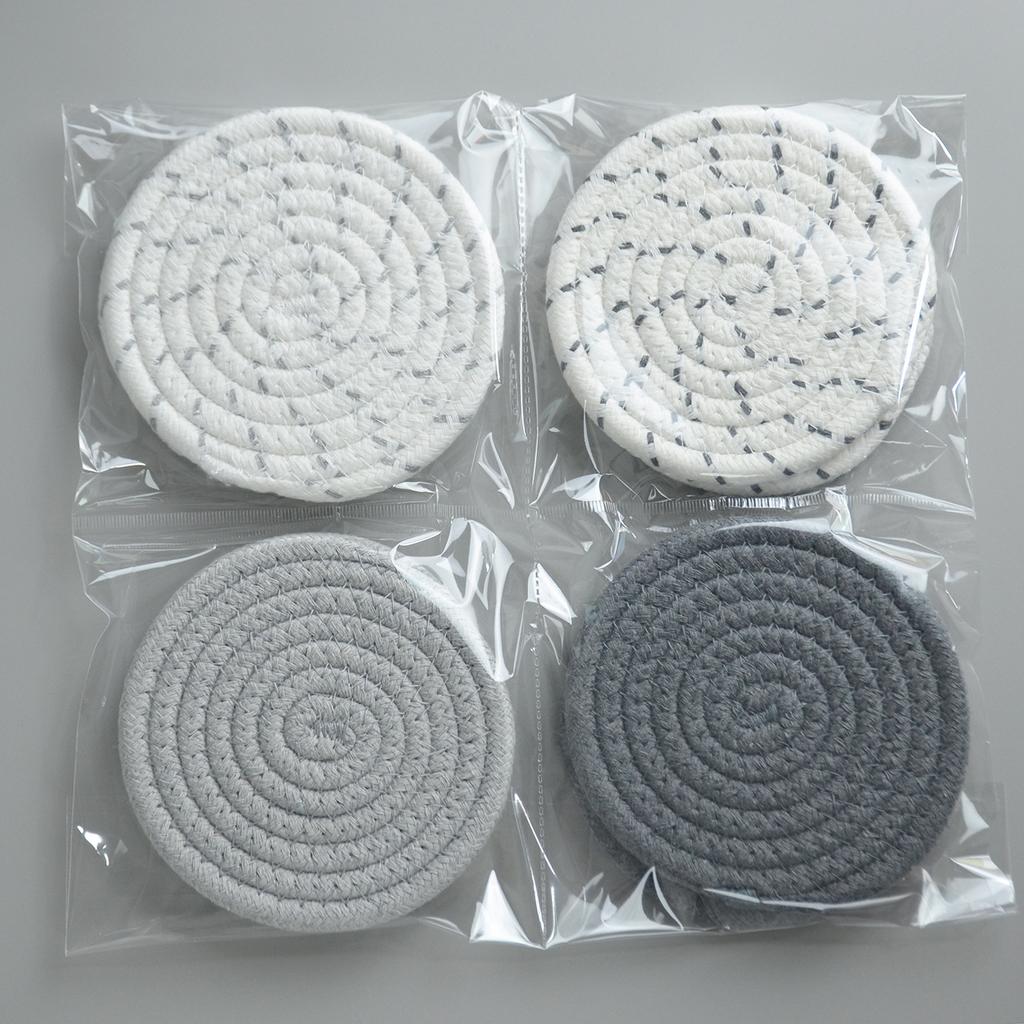 4PCS Hand Woven Circular Cotton Dining Table Placemat Coaster Kitchen Accessories Mat Cup Solid Color Coffee Drink Pad