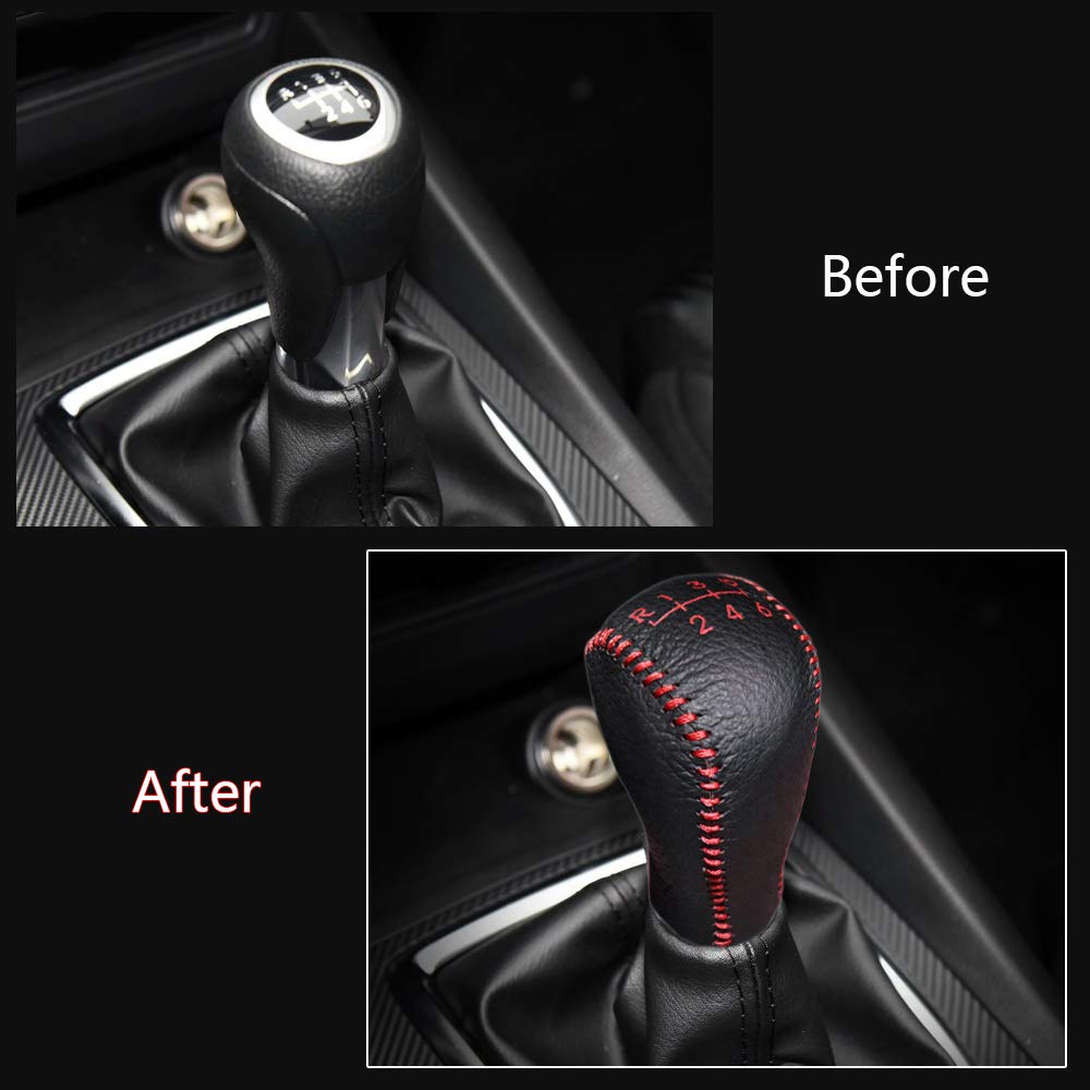 Gear Shift Knob Cover Black Leather + Red Stitch for