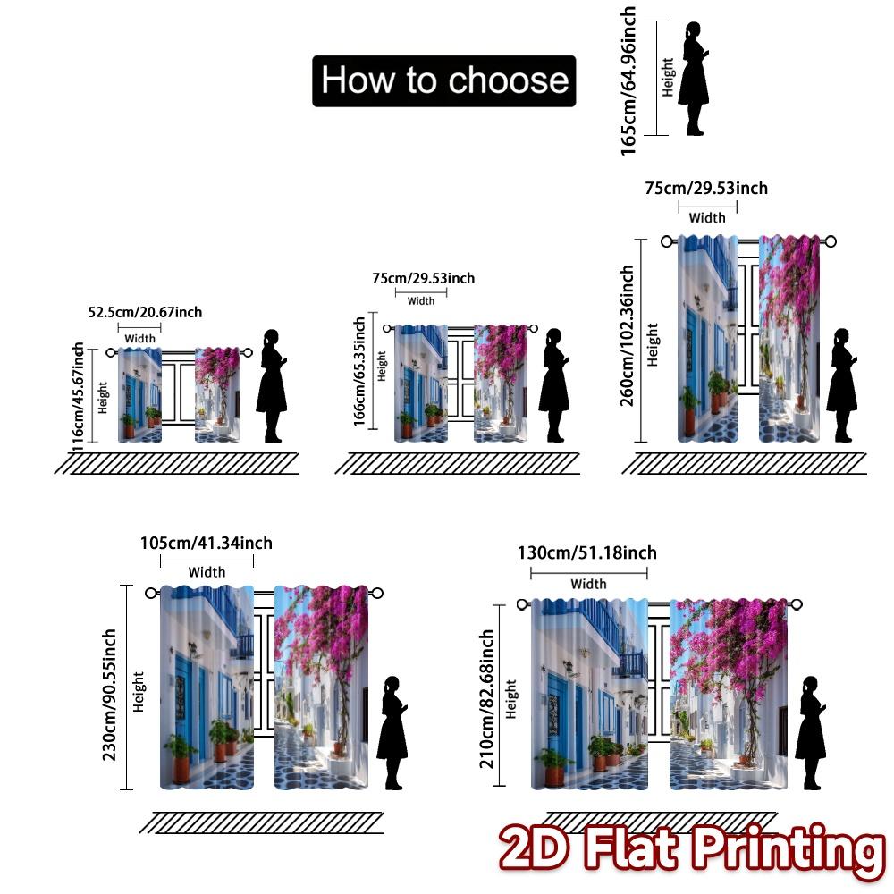 2pcs   2D FLAT PRINTING Curtains (Without Rod) Blue Bloom Street Popular Curtains Durable 100% Polyester Fabric Curtains Holiday
