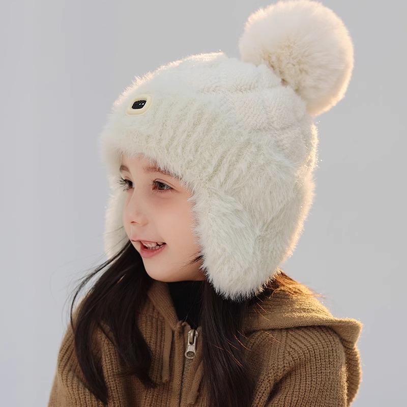 Kids' Thick Plush Knit Hat, Windproof & Cozy for Autumn/Winter, New Style Lei Feng Design for Boys & Girls