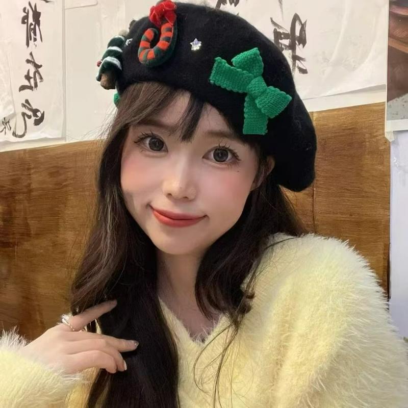 Poinsettia Red Bow Beret for Women, Korean Style Wool Painter Hat, Sweet Festive Photo Accessory That Brightens Your Look