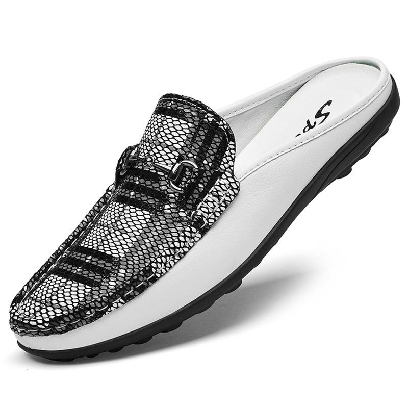 Men s Leather Moccasins: Low-Top Slip-On Plaid Cowhide Casual Shoes, Flat Sole, Large Size Half-Slippers for Spring. 46
