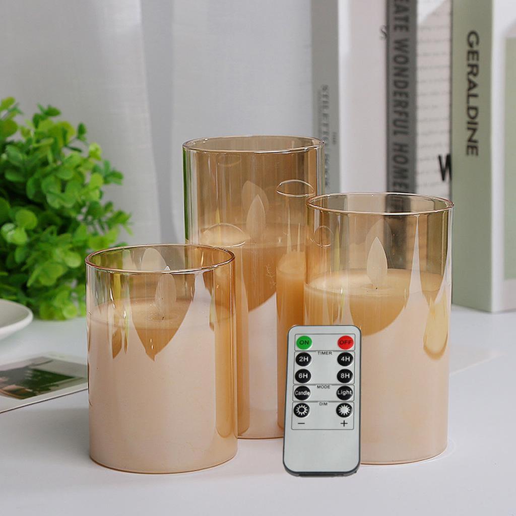 LED Tea-Colored Glass Candle Set with Remote Control and Simulated Flame