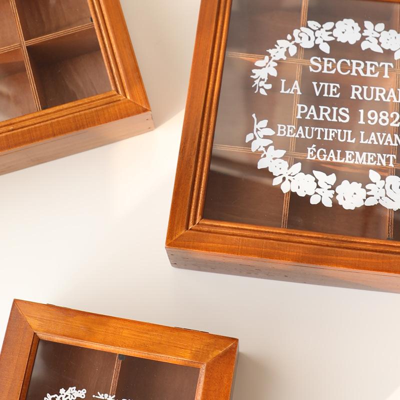 Vintage nordische hölzerne Schreibtisch-Schmuckaufbewahrungsbox mit Klappdeckel, Aufbewahrungsbox mit neunfächrigem gemustertem Glasdeckel