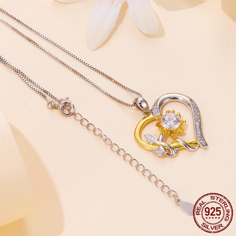 D culoare 1.0 CT Moissanite Colier cu farmec de floarea soarelui în formă de inimă pentru femei Cadou de aniversare Culoare dublă Aur galben Legături din argint 925