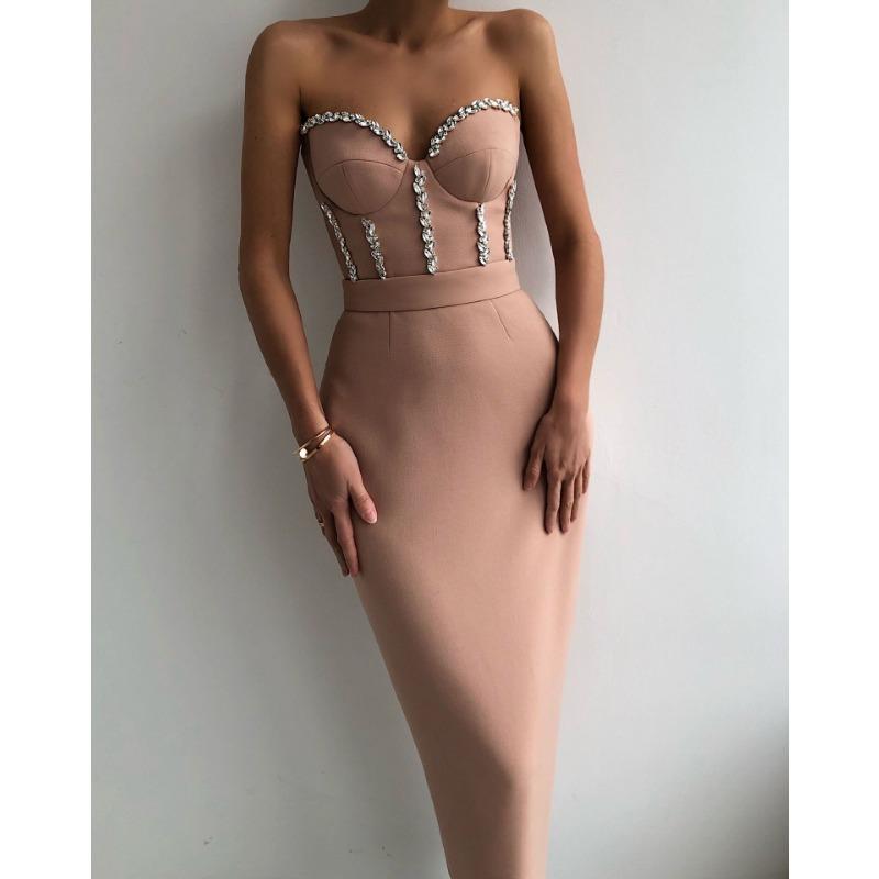 Summer new tube top sexy flash diamond decoration hip wrap thin slim bandage medium dress dress