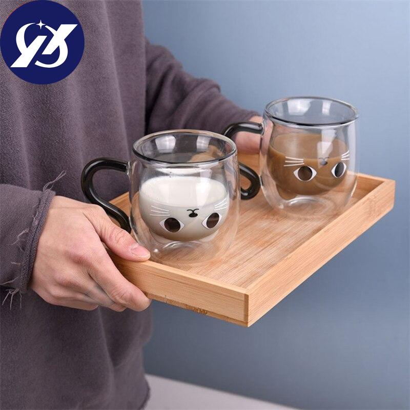 Double Wall Glass Milk Juice Cup Creative Cute Cat Shape Coffee Mug Cartoon Couple Teacup with Cover Household Office Drinkware