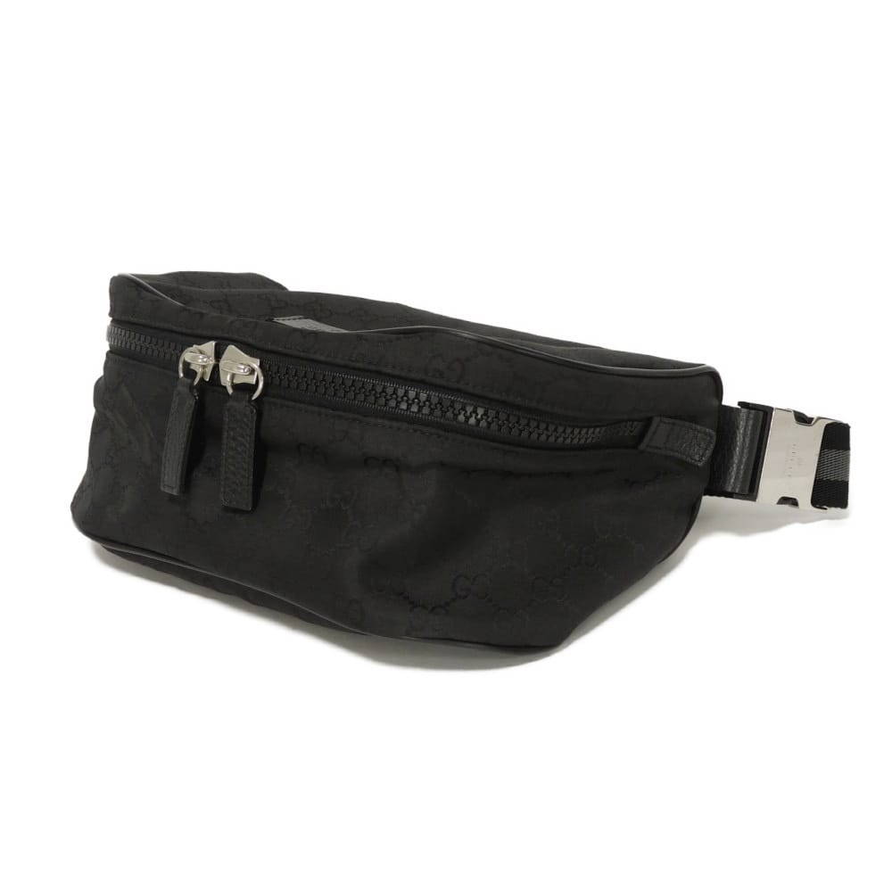 Used 9539 GG Nylon Waist Pouch 449182 7929 Leather Patch Gray Shoulder Bag with Embossed Logo Black Men's from Japan
