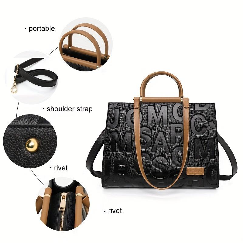 Luxury Leather Tote Bag, Large Capacity Handbag, Letter Embossed Shoulder Bag, Purse For Women