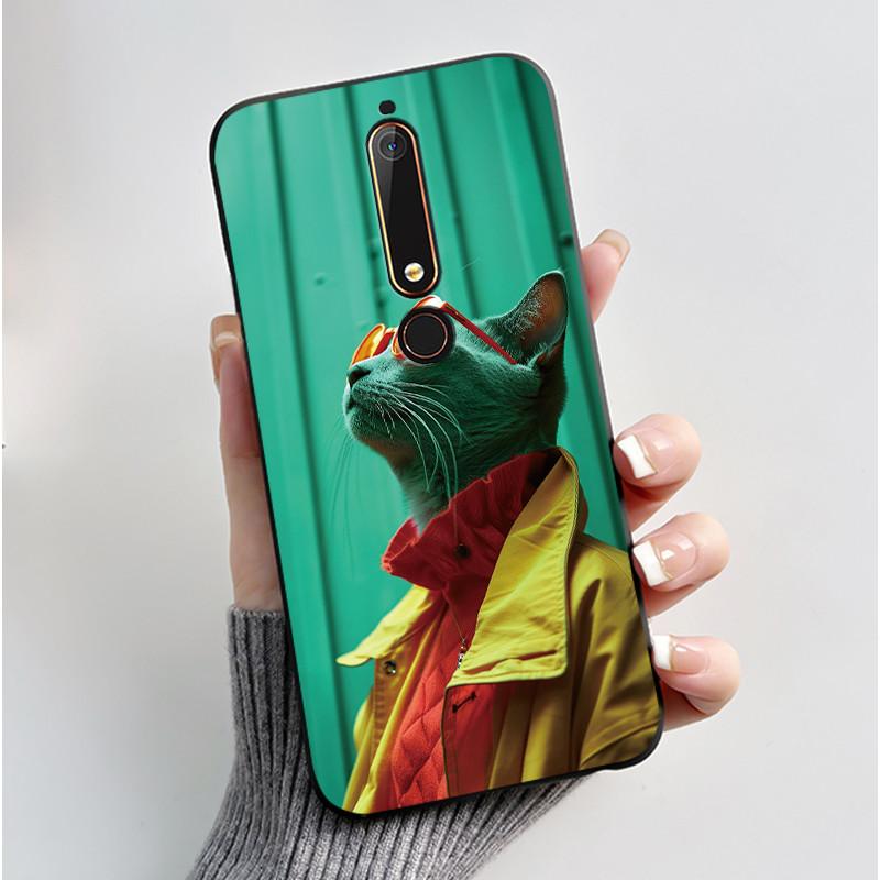 Custodia Per Nokia 6.1 6.1 Plus Custodia Antiurto Estetica Moda Cartone Animato Gatto Carino Nera Gomma Silicone Morbida Cover Bumper Alloggiamento