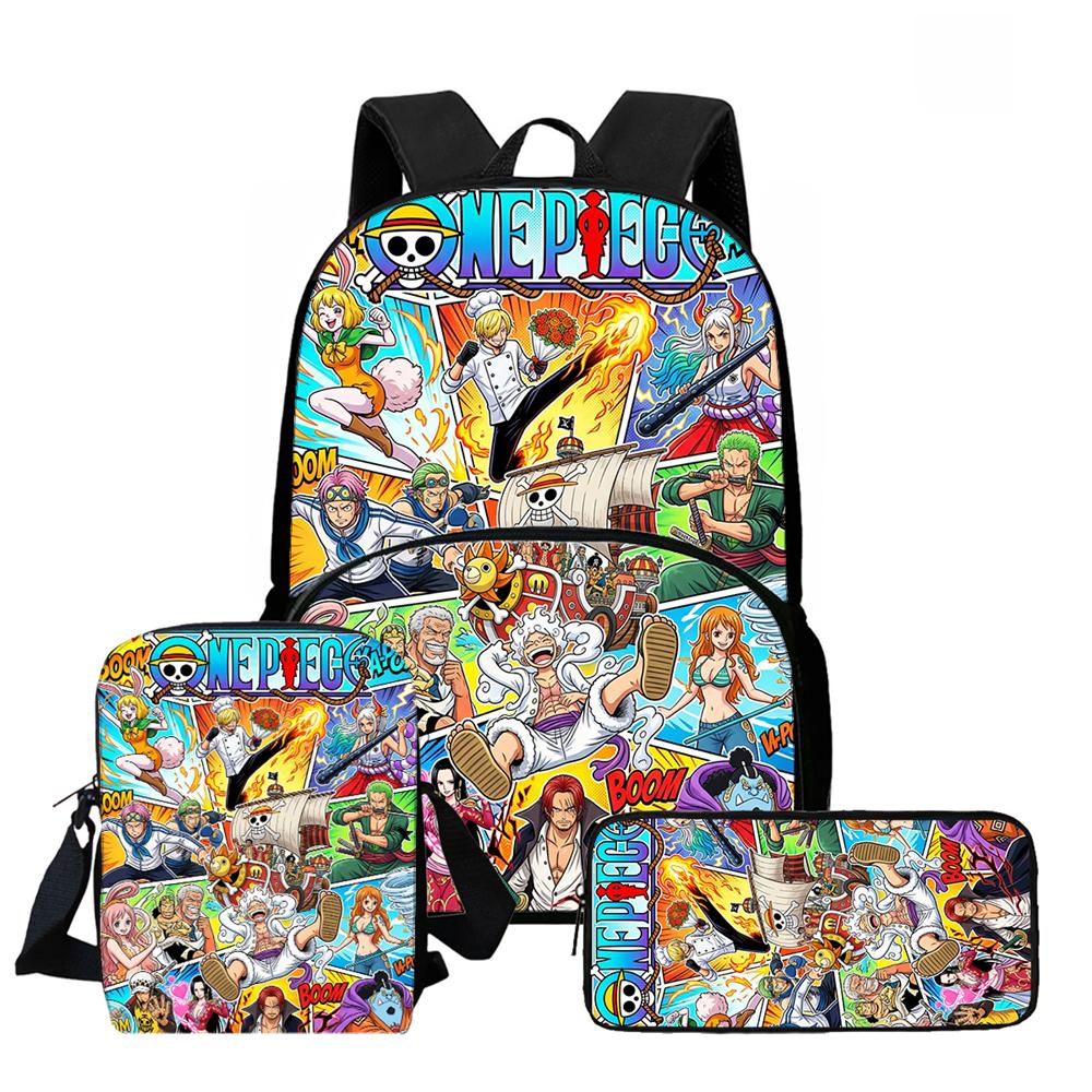 One Piece Lightweight Cartoon School Backpack Student Boy Girl BookBag with Front Pocket 3pcs Set With Crossbody Bag Pencil Case